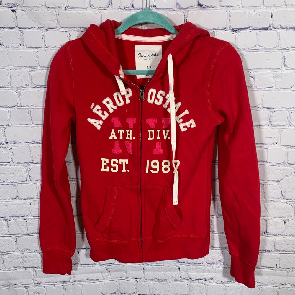 Aeropostale Womens Y2K Hooded Full Zip Sweatshirt Red Sz S 90s Casual Spellout